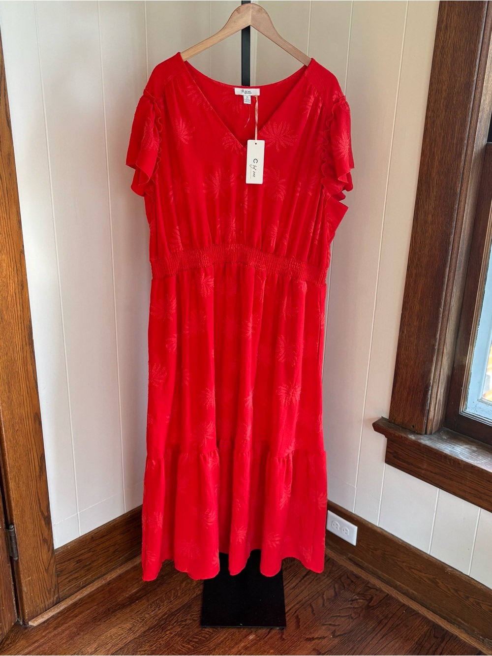 C By One Textured Palm Print Maxi Dress Red V Neck Resortwear Plus Size 3X NWT
